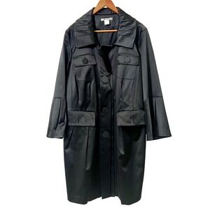 Nygard Collection Womens Black Satin Pleated Collar Button Front Coat Size 22